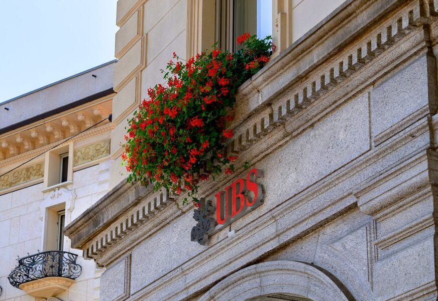 The UBS sign above the arcade of the Lugano branch