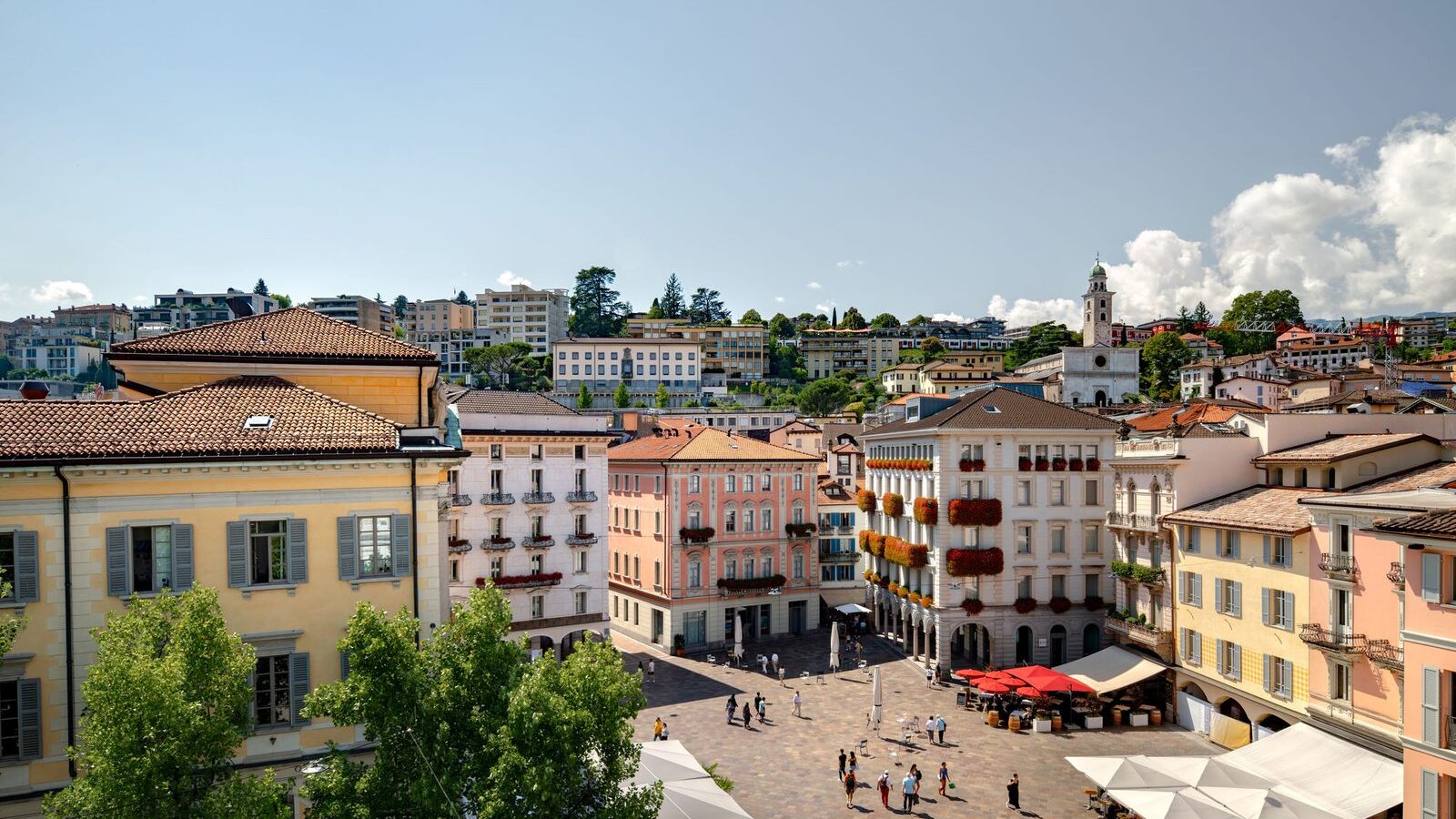 Piazza della Riforma in Lugano, with the UBS building on the square