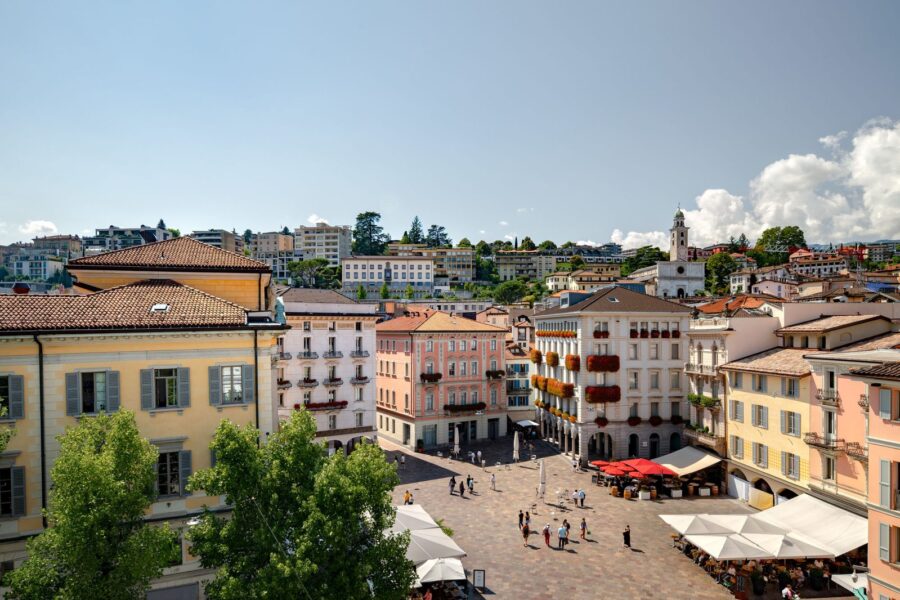 Piazza della Riforma in Lugano, with the UBS building on the square