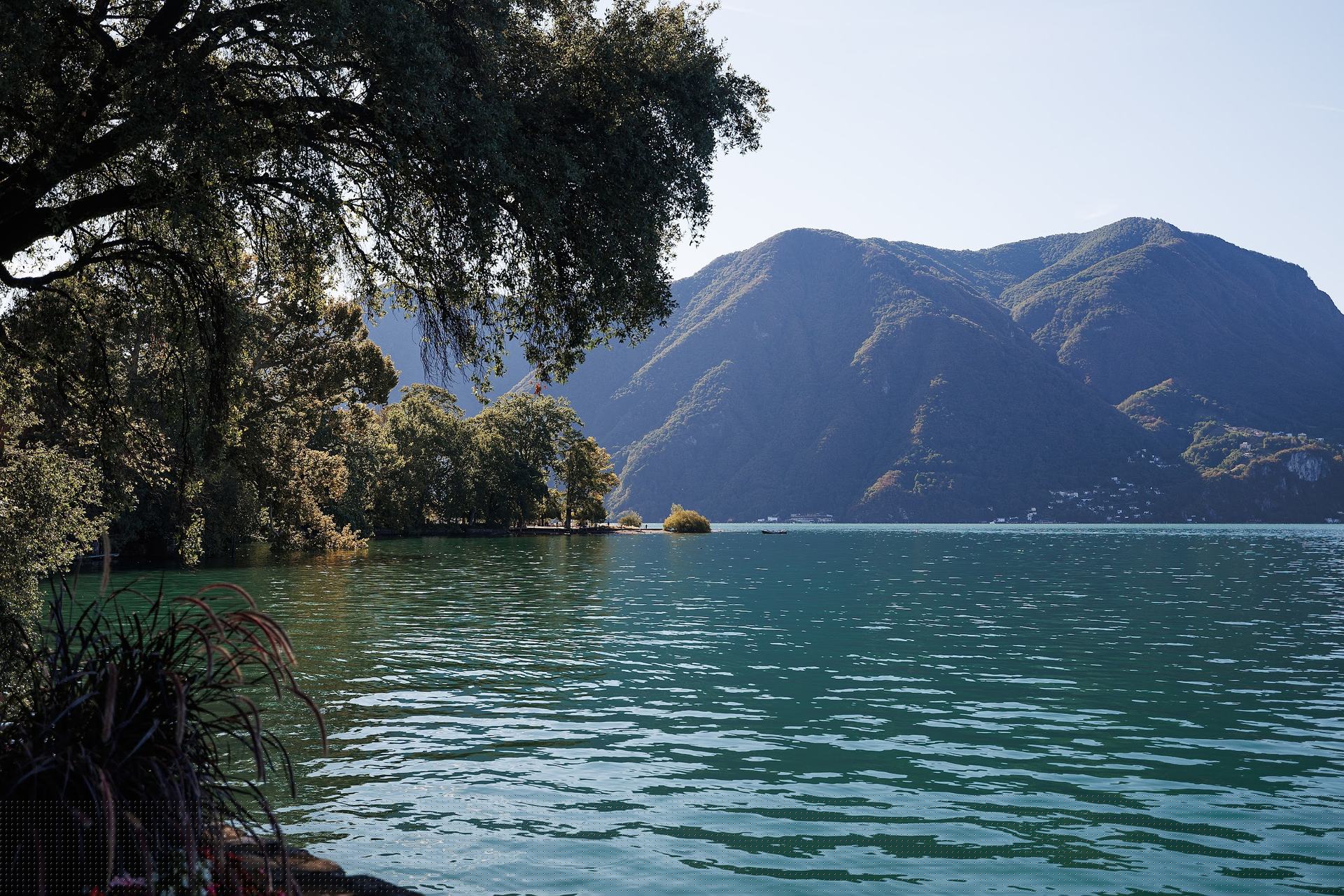 Lake Lugano seen from the shore of Parco Ciani